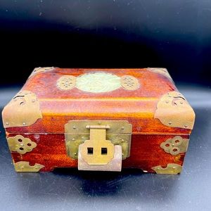 1930s Vintage Chinese carved wooden box with Inlaid Jade And Brass Trim And Lock